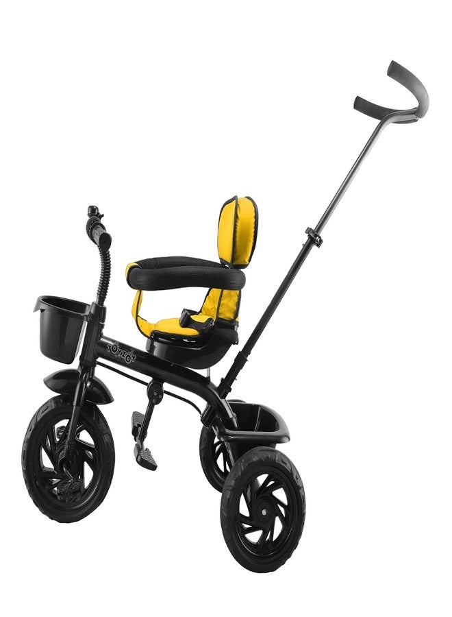 JoyRide Learn-to-Ride Trike on 3 Wheels with Safety Harness, Non-Slip Pedal,Storage Basket and Removable Parent Handle (Yellow) - Image 3